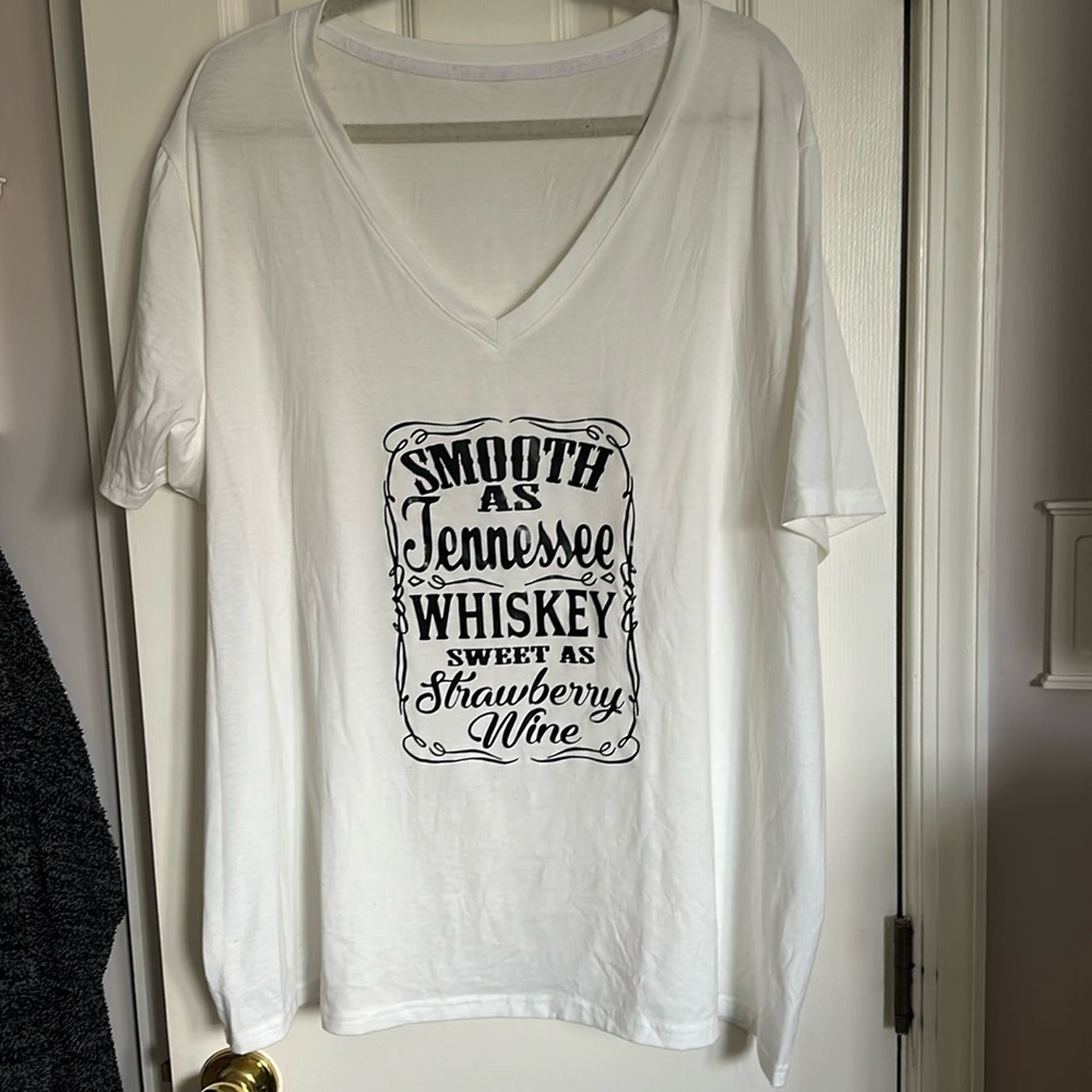 Cute vneck tshirt… smooth as Tennessee, whiskey, sweetest strawberry wine logo